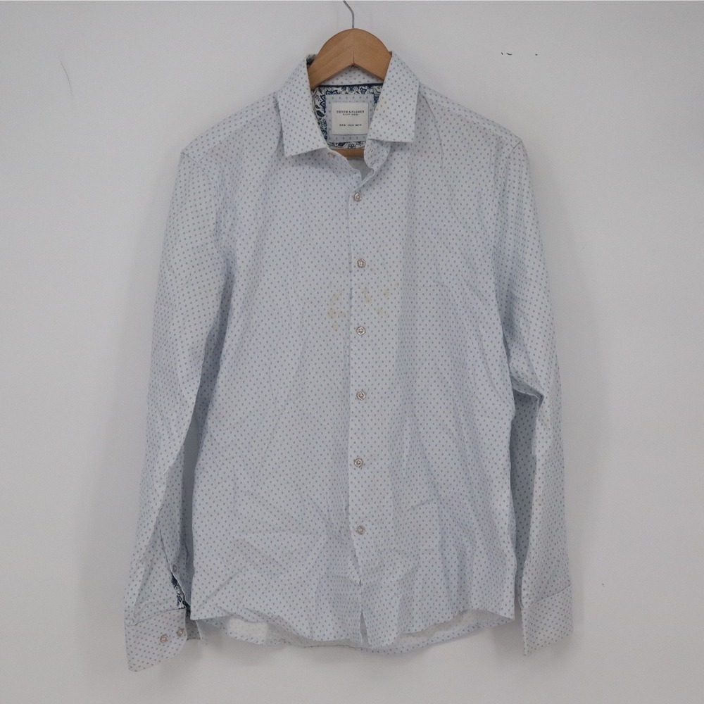 Denim & Flower Shirt Mens M Ricky Singh White Blue Geometric Button Down Good